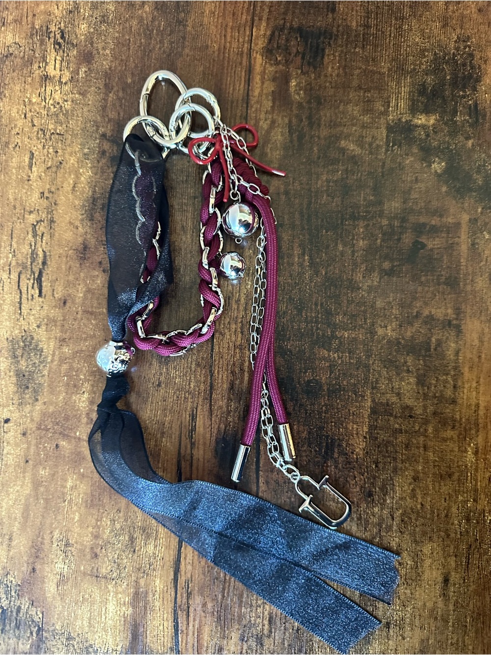 Black & Burgundy Bag Charm Keychain Accessory with Multiple Bag Charms Like New